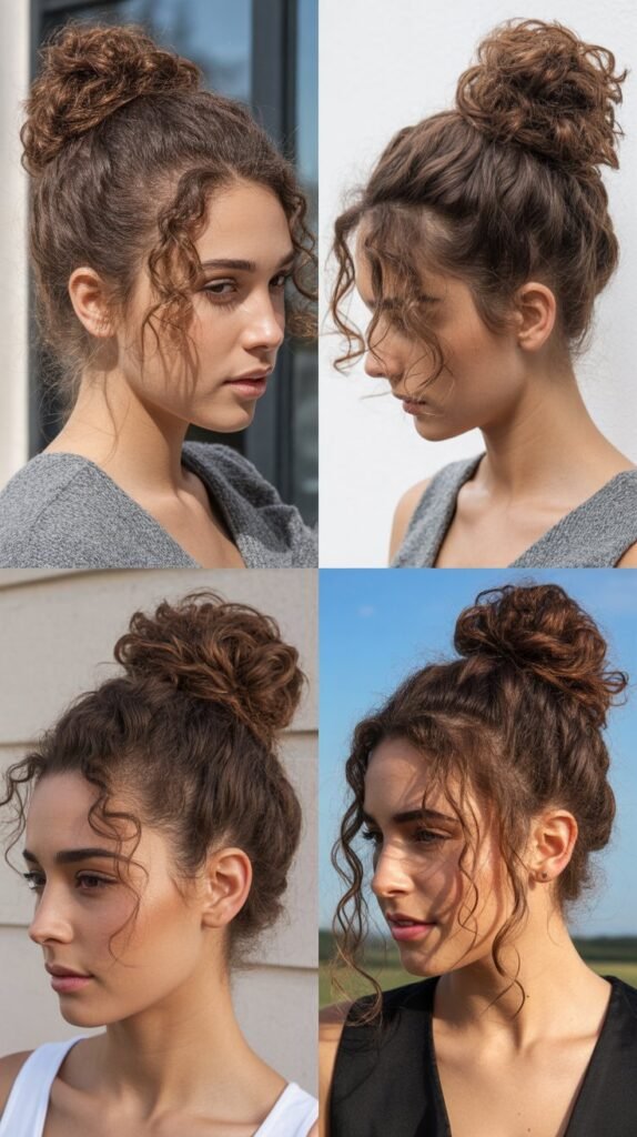 Curly High Bun with Face-Framing Tendrils