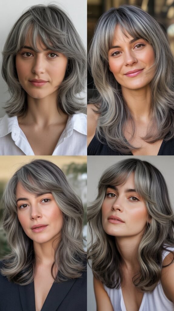 Wispy Curtain Bangs with Gray Layers