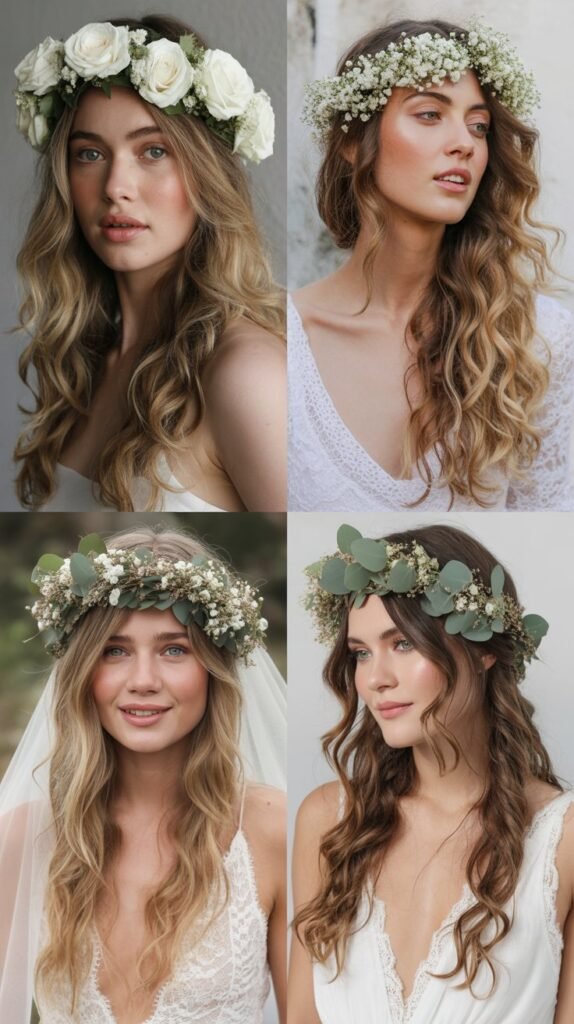 Boho Waves with Floral Crown and Waltz Veil