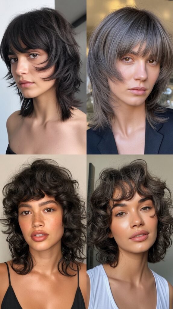 Choppy Curtain Bangs With Graphite Gray Medium Shag