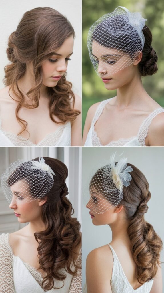 Pulled-Back Sides with Flowing Curls and Birdcage Veil