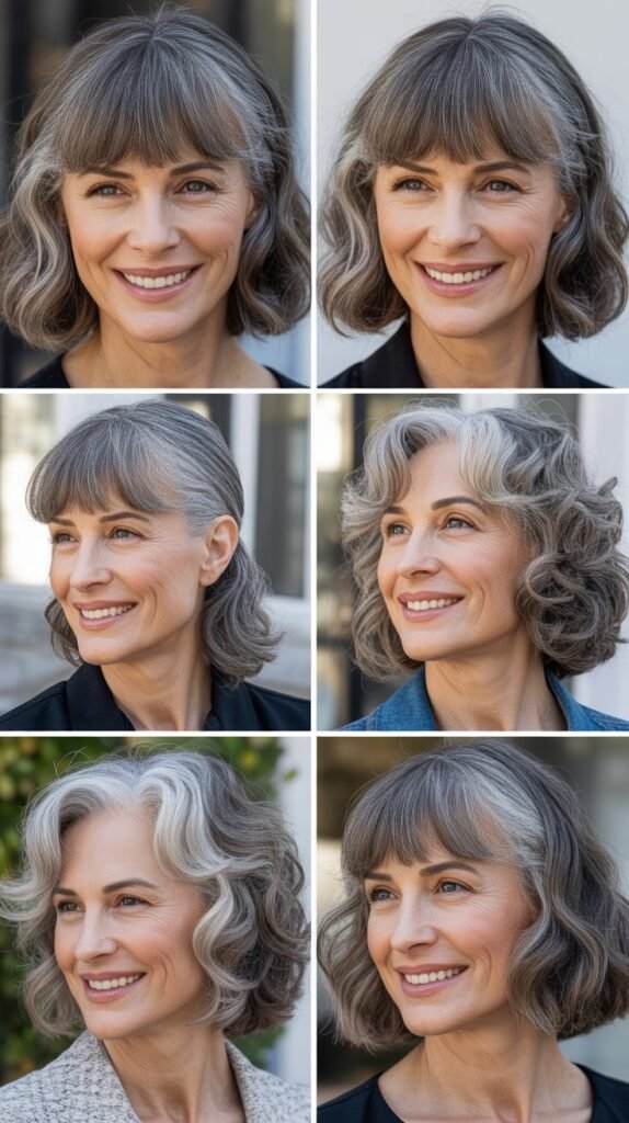  Blunt Curtain Bangs With Gray Wavy Shoulder