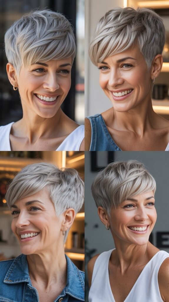 Side-Swept Bangs With Gray Pixie Cut