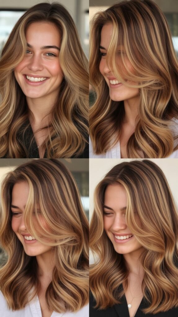 Caramel Highlights on Layered Dark Brown Hair