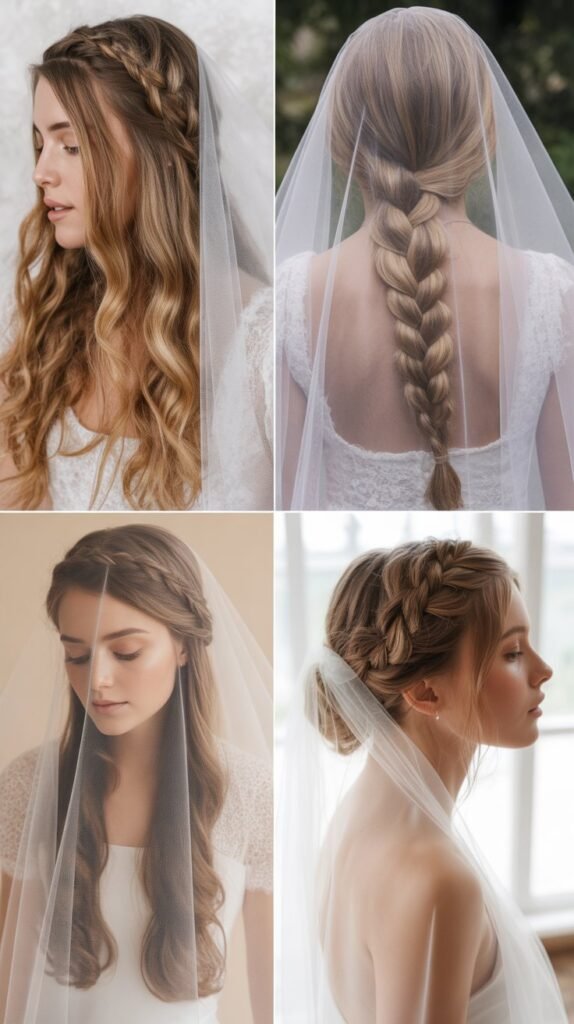 Waterfall Braid with Cathedral Train Veil