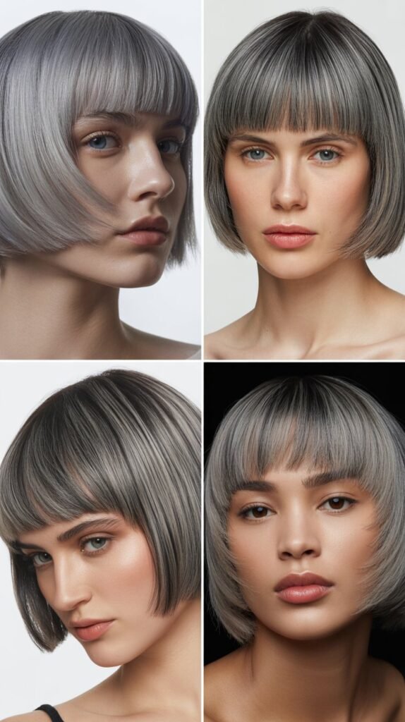  Baby Bangs with Sleek Gray Bob