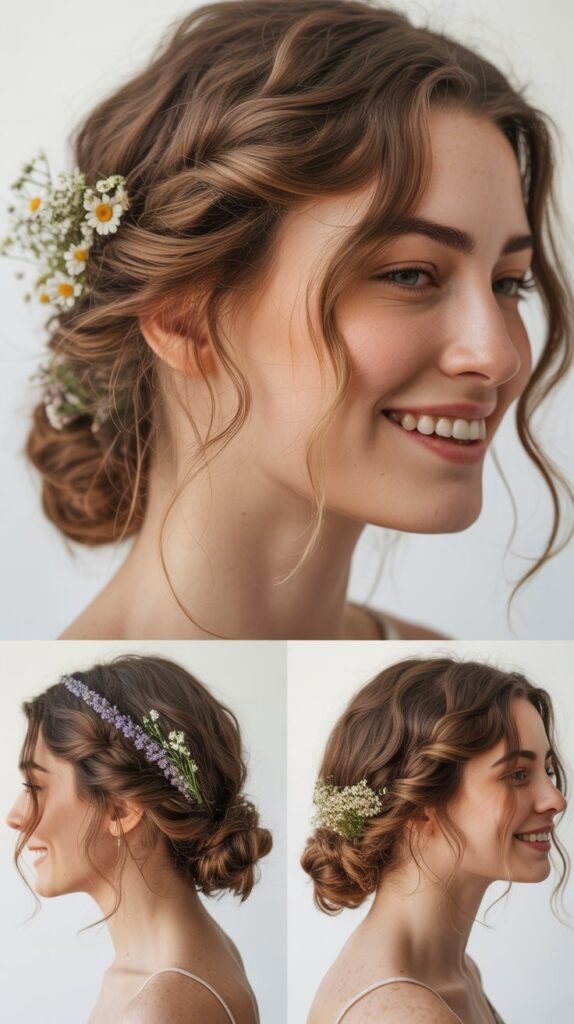 Boho Side-Swept Curls with Wildflower Accents