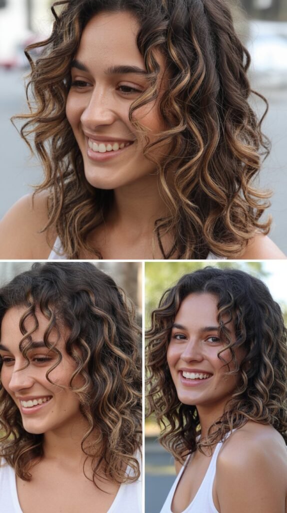 Mid-Length Curls with Caramel Balayage