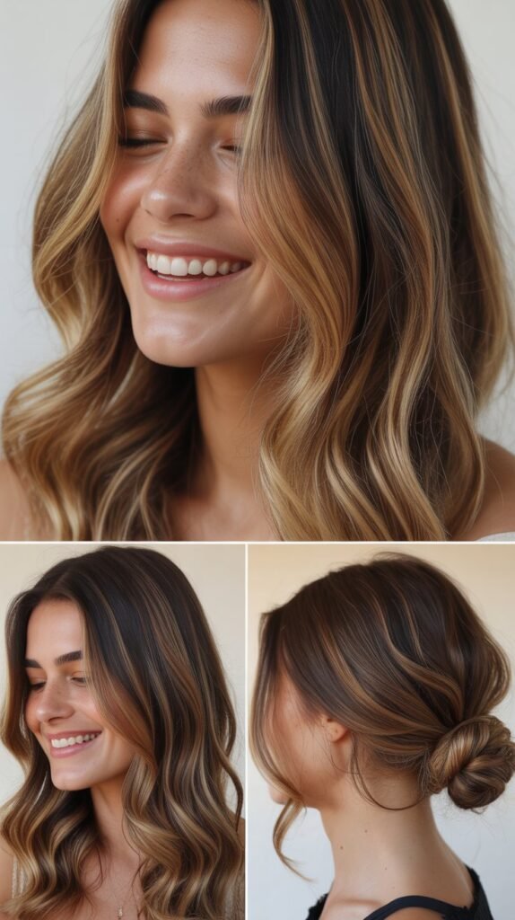  Golden Caramel Balayage with Dark Roots