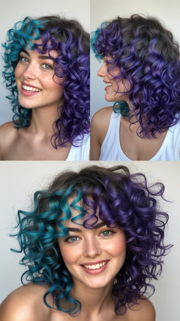 Turquoise-Purple Split Dye on Curls