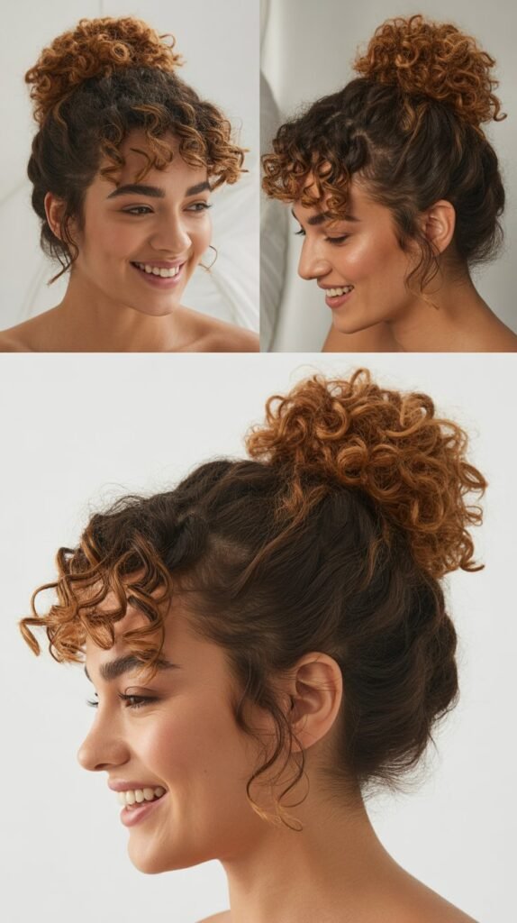 Curly Top Knot With Caramel Underneath Layers