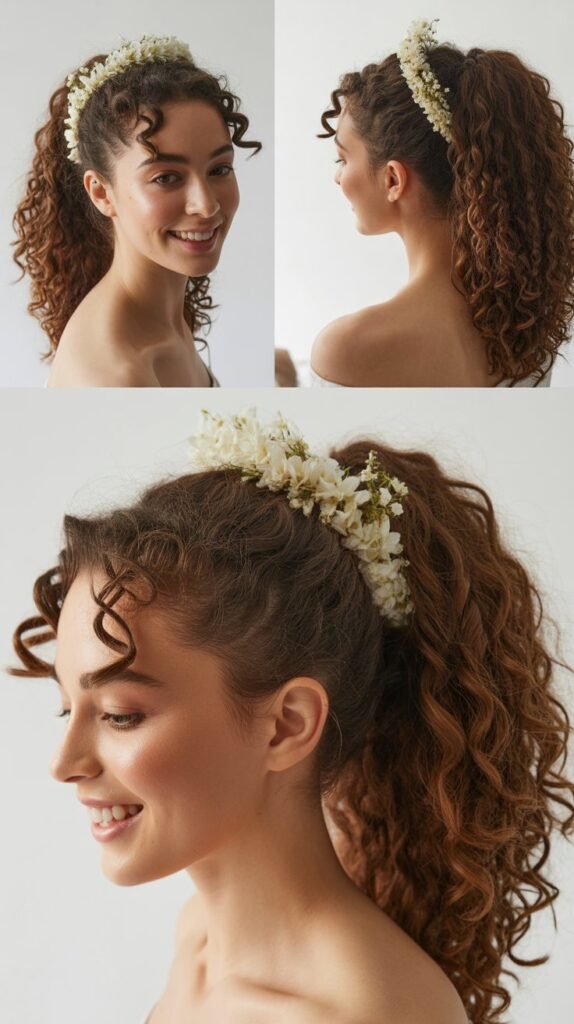 High Curly Ponytail with Floral Wrap