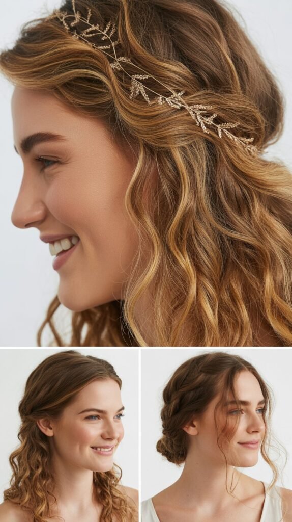 Bohemian Loose Waves with Metallic Hair Vine