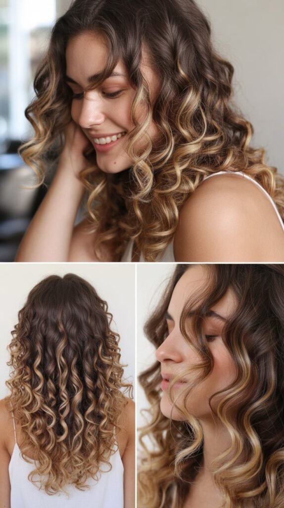 Ombre Highlights from Brown to Blonde on Long Curls