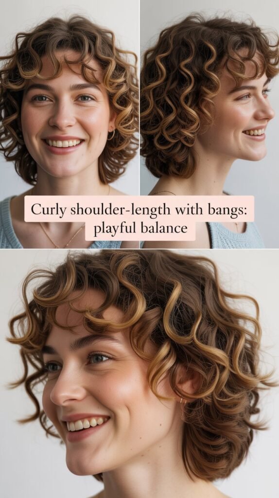 Curly Shoulder-Length with Bangs: Playful Balance