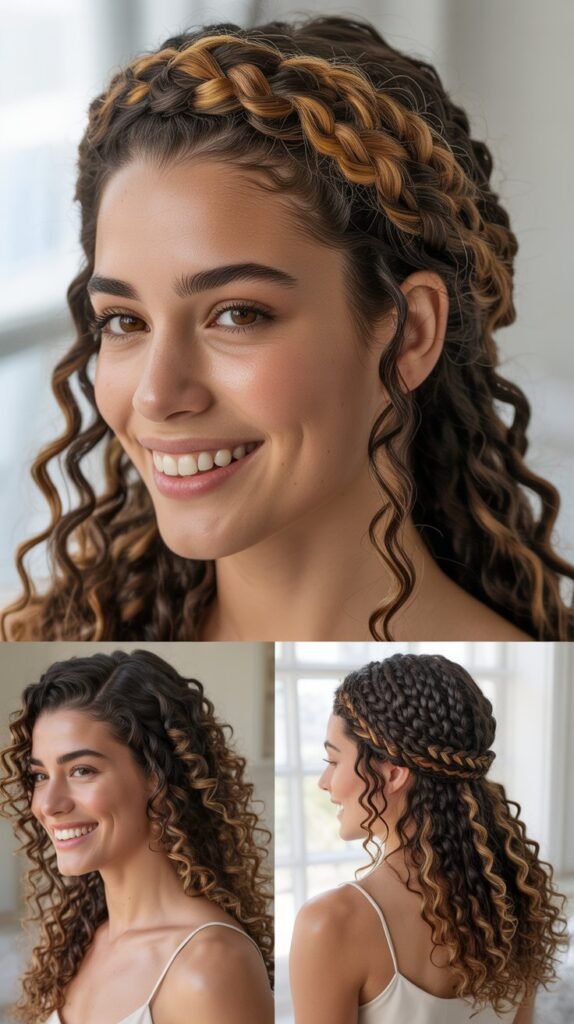  Curly Braided Crown With Highlighted Braids