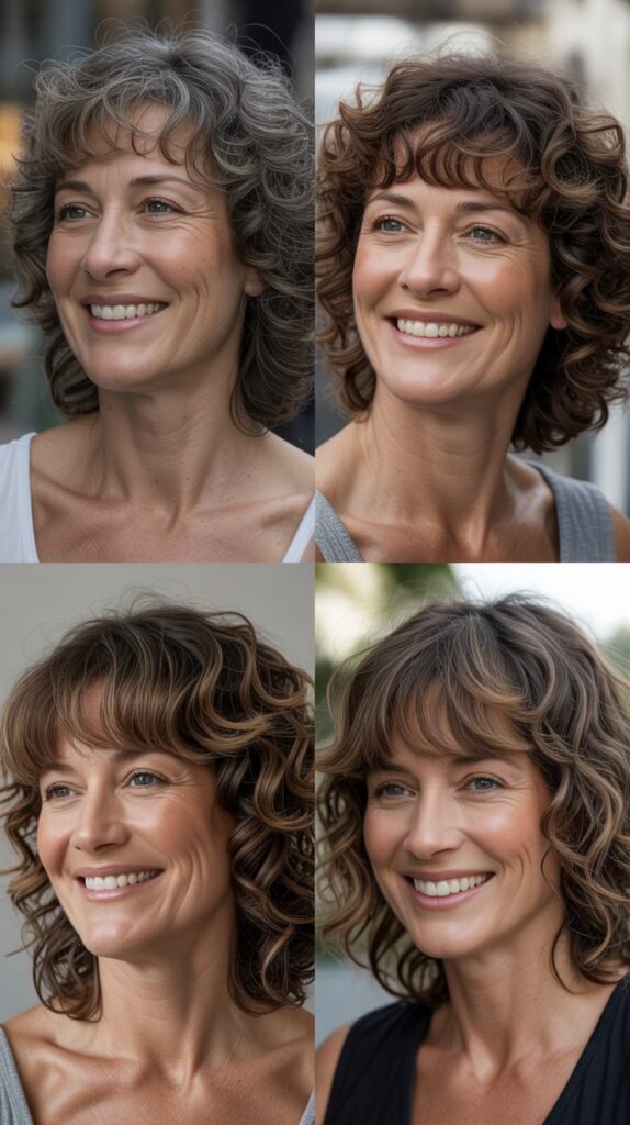 Voluminous Curls with Full Bangs