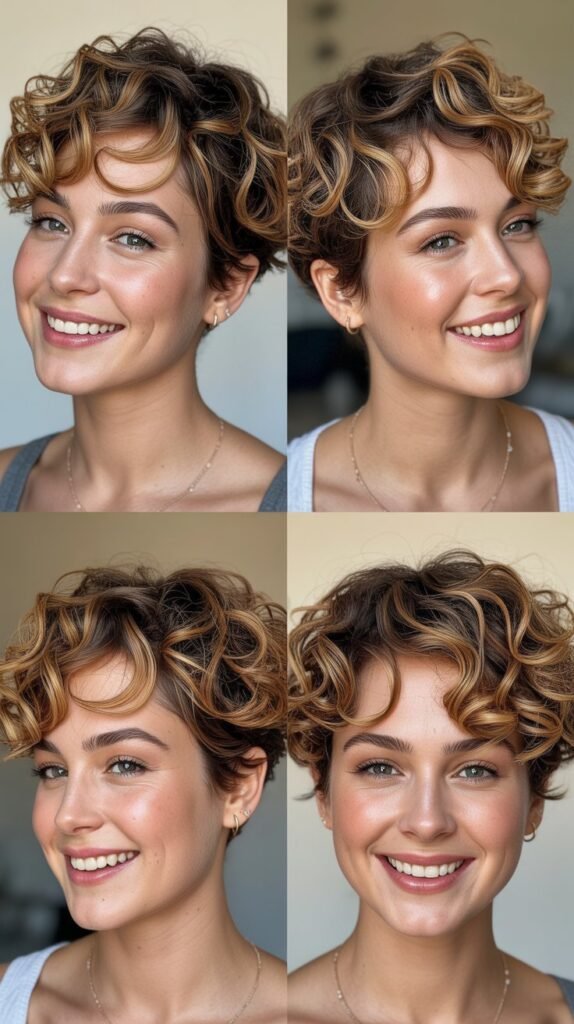 Golden Caramel Balayage on Curly Pixie Cut