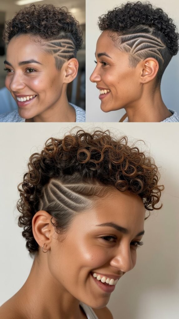 Curly Buzz Cut with Designed Patterns