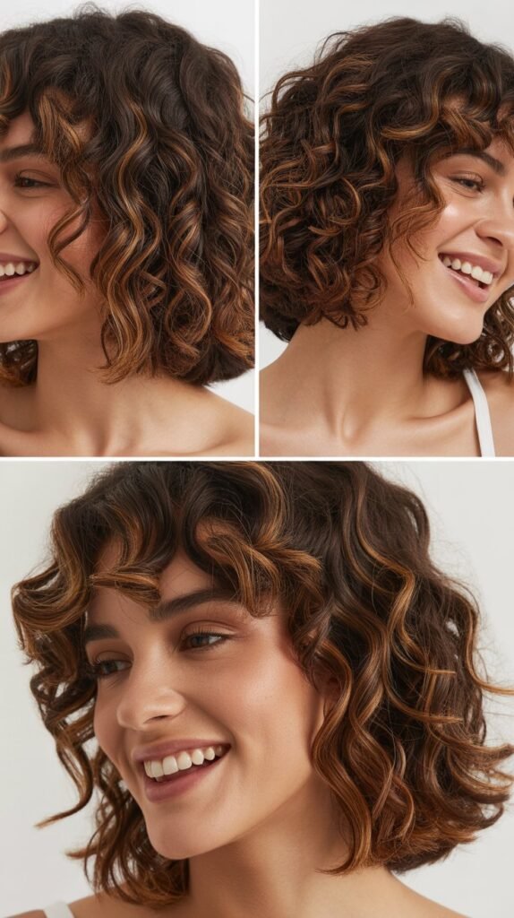  Mahogany Highlights on Dark Brown Curly Lob