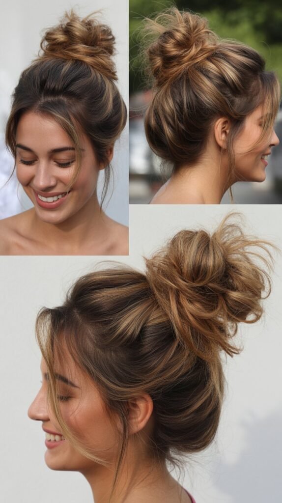 Pineapple Updo With Caramel Highlights Throughout