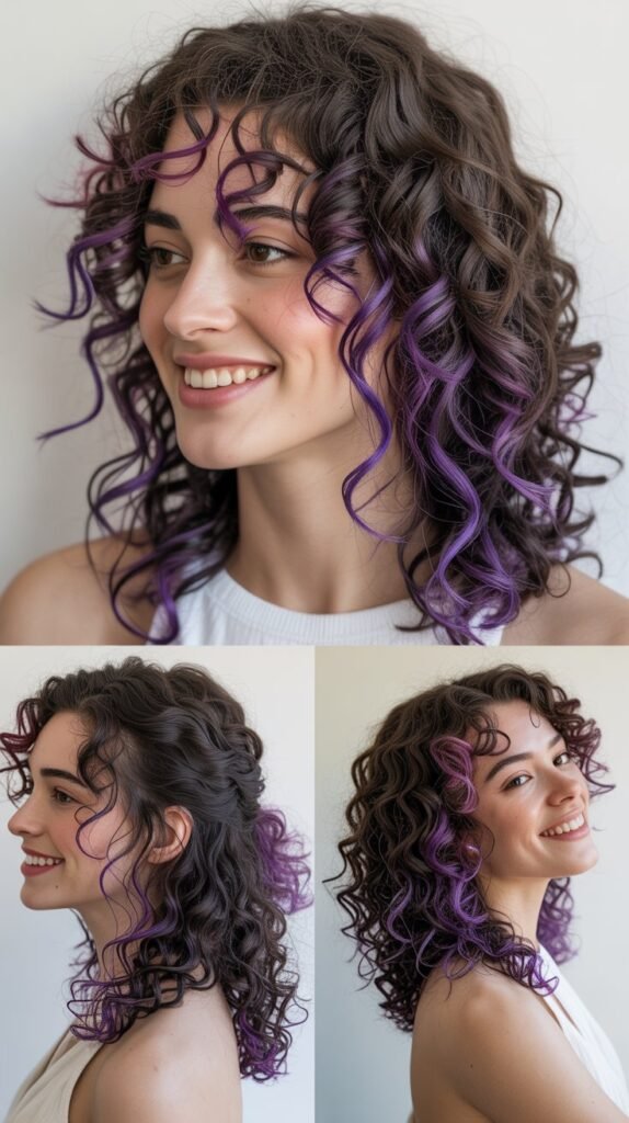  Violet Purple Highlights on Dark Curly Half-Up Style