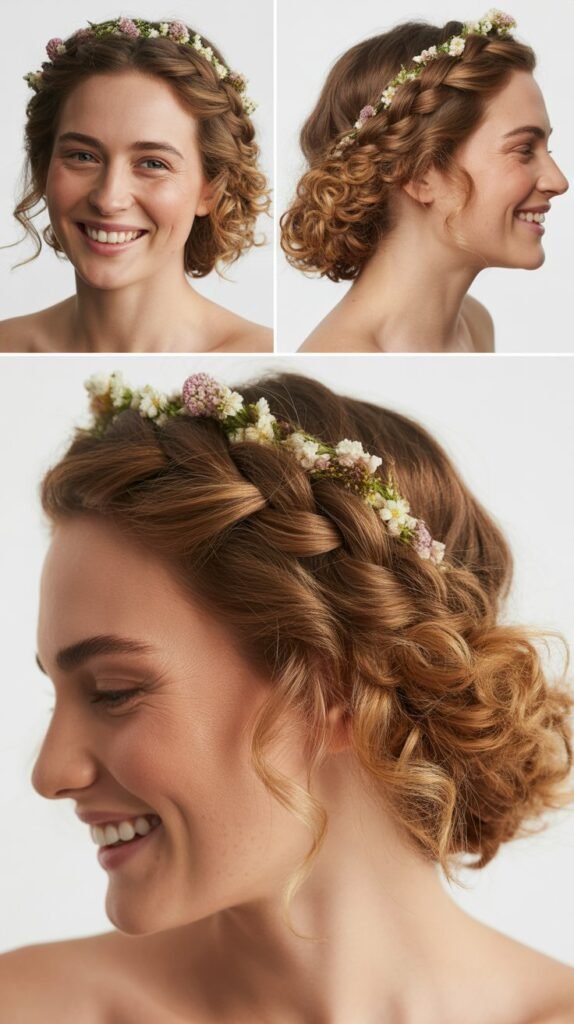 Braided Crown with Flowers and Flowing Curls