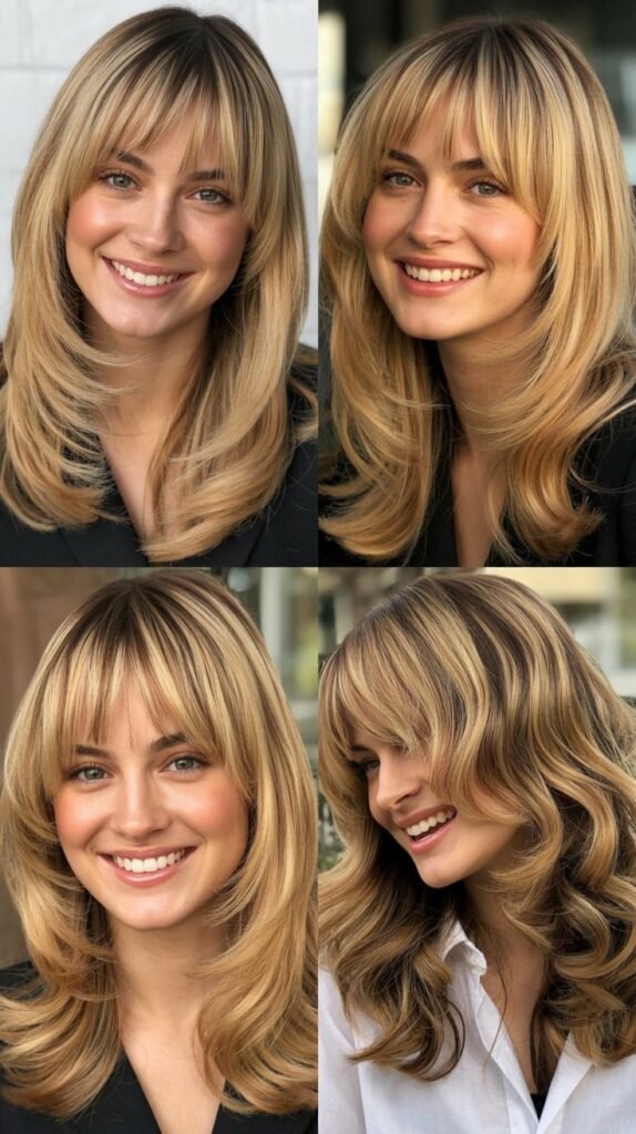 . Classic Curtain Bangs with Honey Blonde Layers