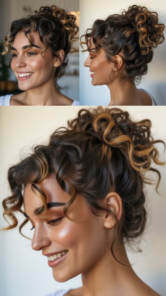  Messy Curly Bun With Caramel Peek-A-Boo Highlights