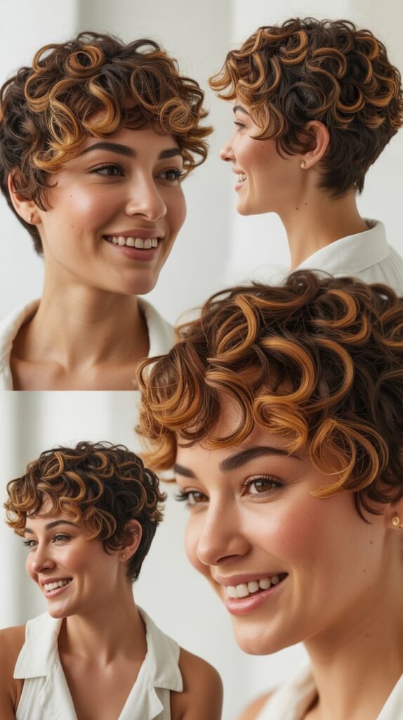 Curly Pixie Cut With Caramel Accents