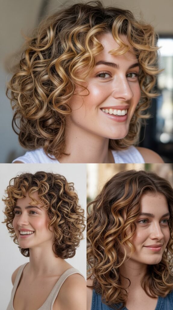 Voluminous Curly Layers with Highlights