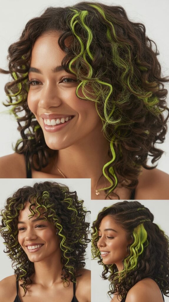  Neon Green Highlights on Dark Curly Wig