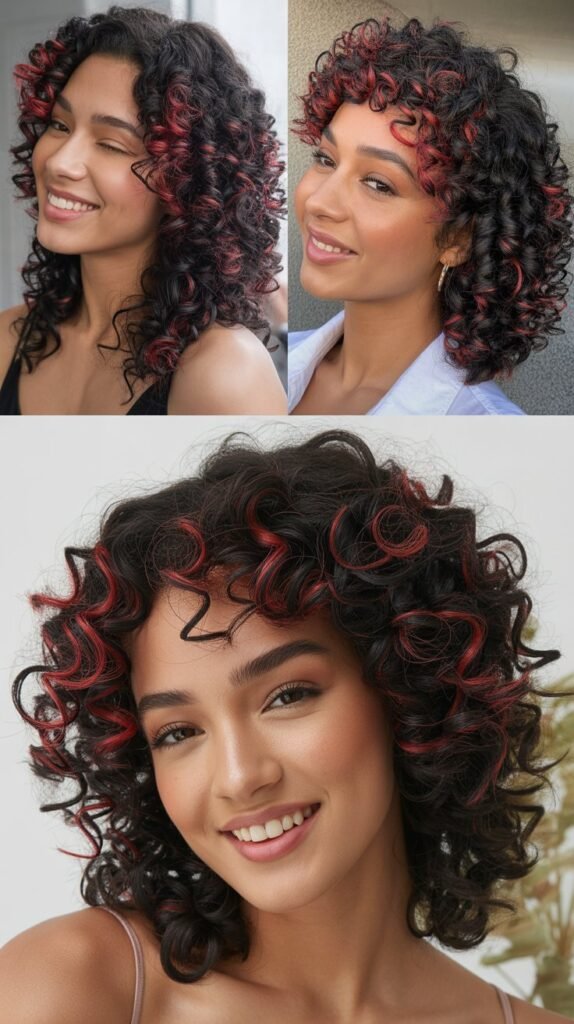 Cherry Red Highlights on Black Curly Wig