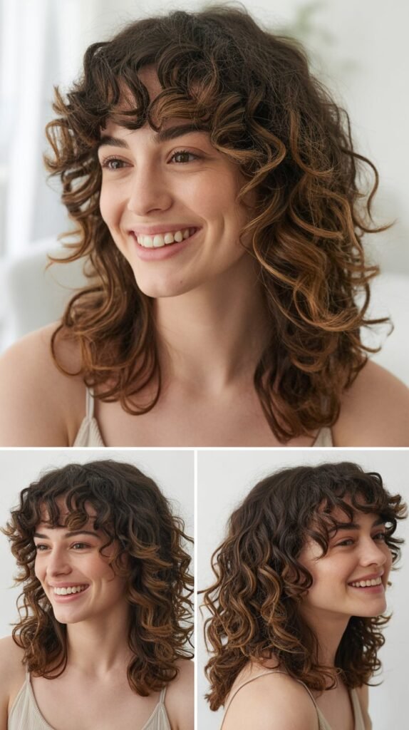 Long Curly Layers with Curtain Bangs: Romantic Styling