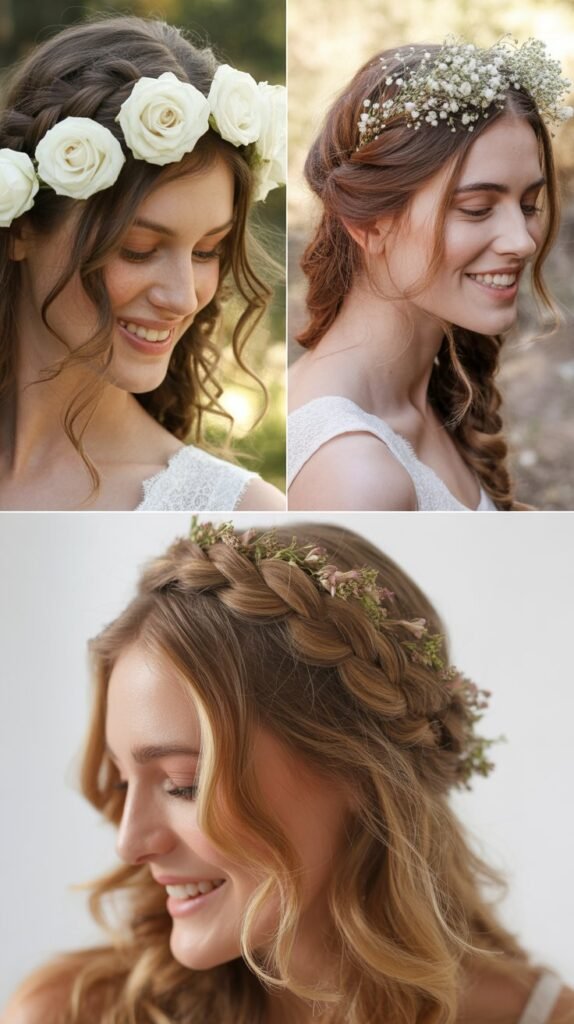 Braided Headband with Loose Curls and Flowers