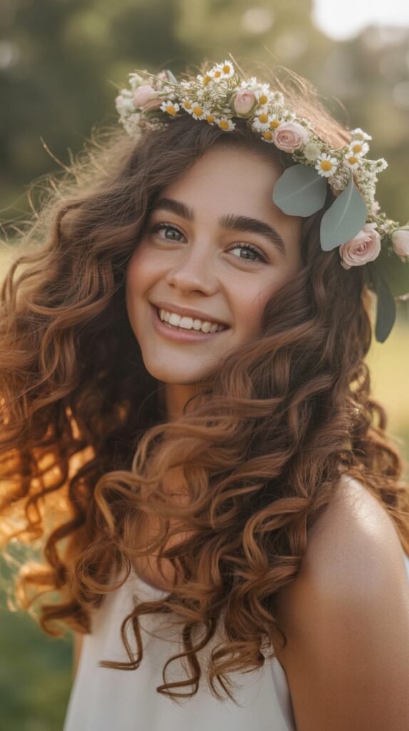 Romantic Cascading Curls with Floral Crown