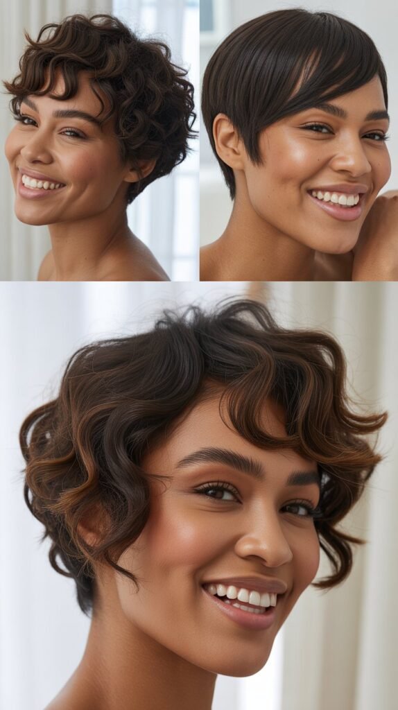  Dark Chocolate Brown Textured Pixie with Side Bangs