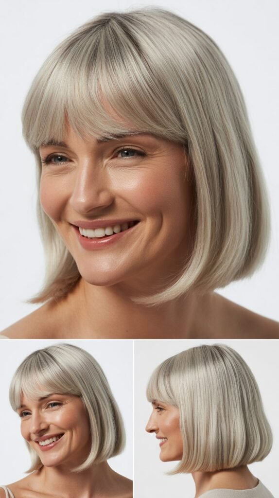 Classic Blunt Bangs with Shoulder Length Silver Hair
