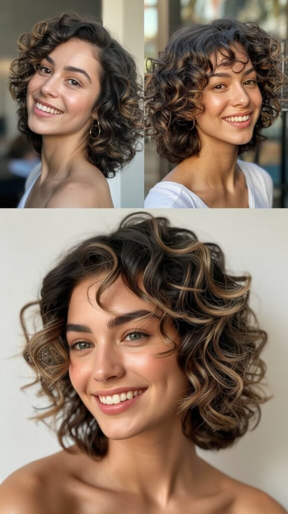 Curly Lob With Subtle Caramel Streaks