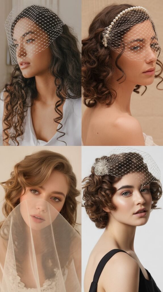 Voluminous Side-Swept Curls with Birdcage Veil