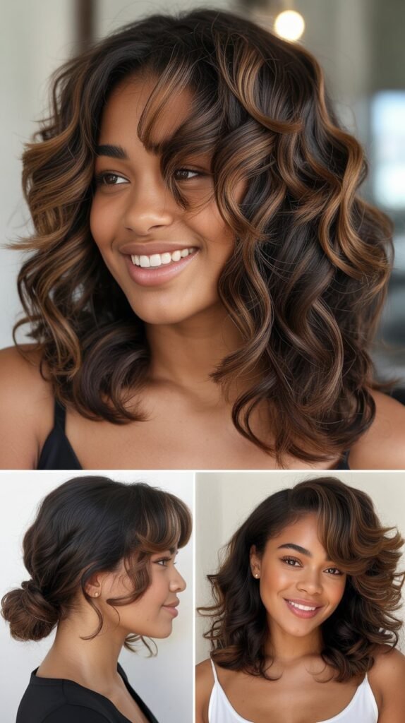  Layered Dark Chocolate Brown with Face-Framing Highlights