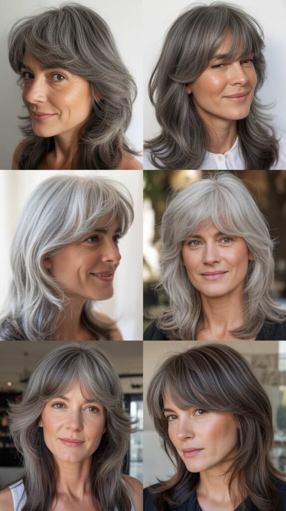  Feathered Bangs with Long Gray Hair