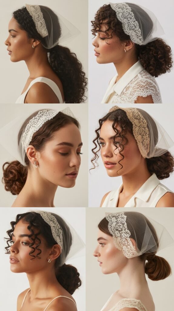 Sleek Top with Curly Ponytail and Mantilla Veil