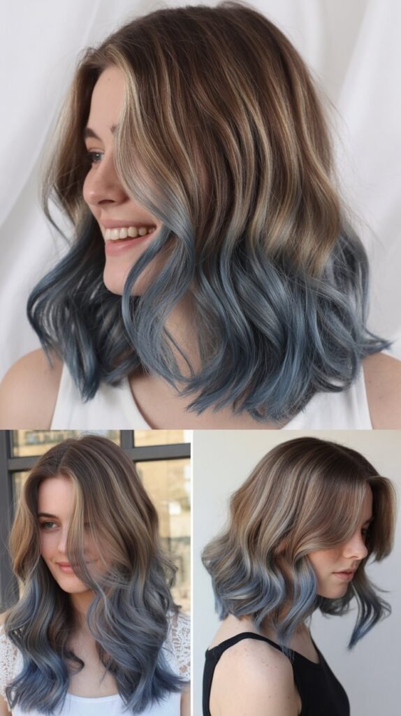 Denim Blue Balayage on Loose Waves