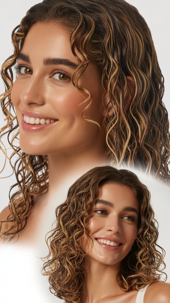 Wet-Look Curls With Glossy Caramel Tones