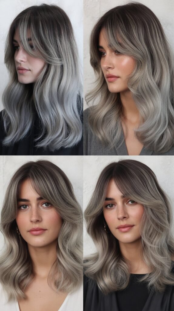 Curtain Bangs With Charcoal-To-Silver Ombre Medium Hair