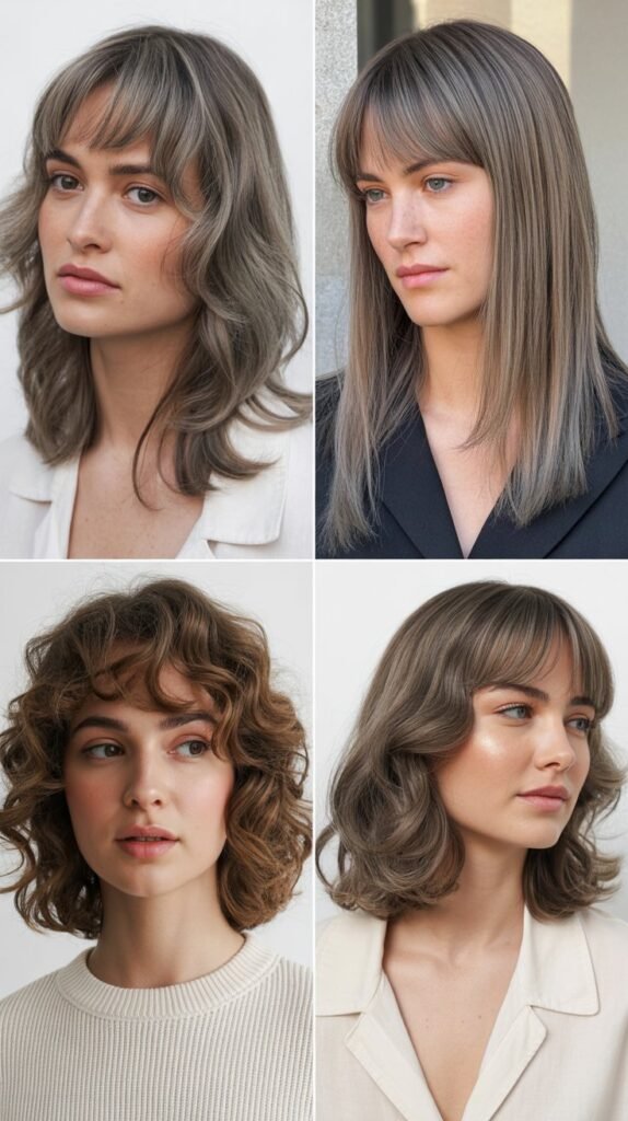 Curtain Bangs with Gray Medium Length