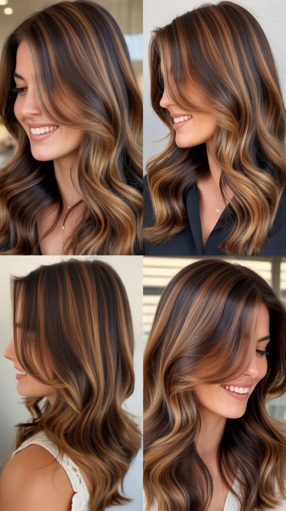  Caramel Highlights on Layered Dark Brown Hair