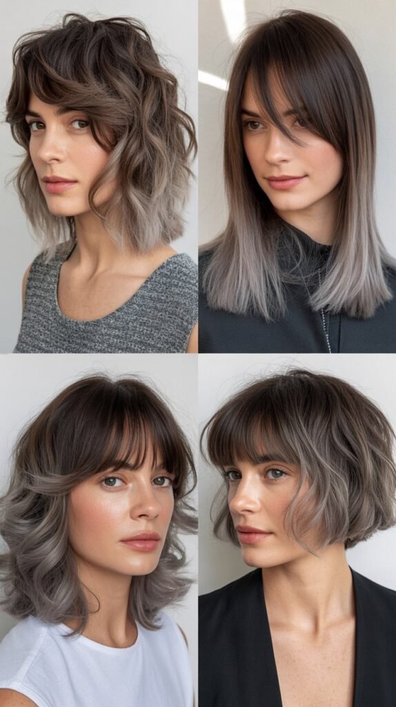 Asymmetrical Bangs With Ombre Gray Medium Cut