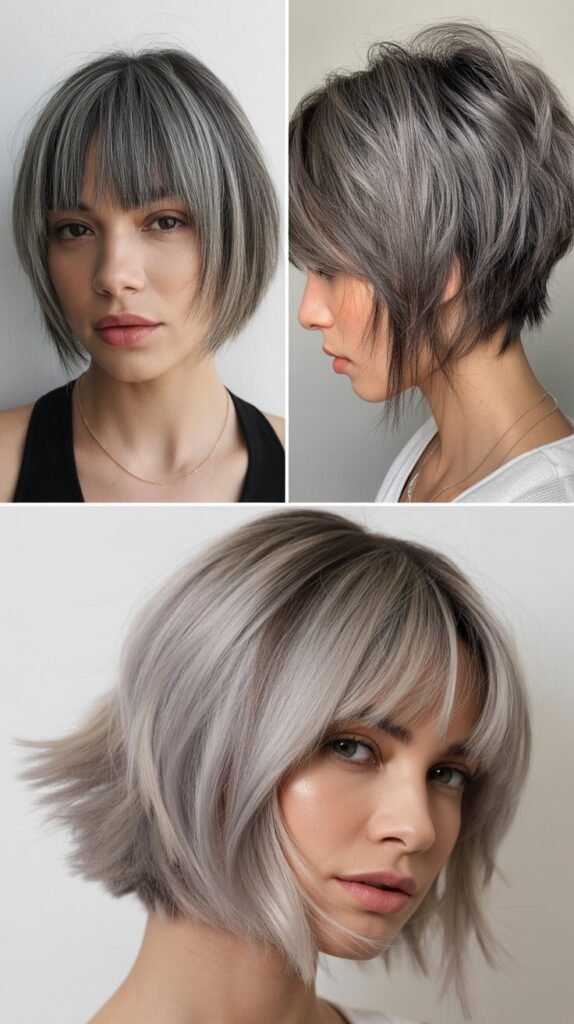 Textured Bangs with Gray Angled Bob
